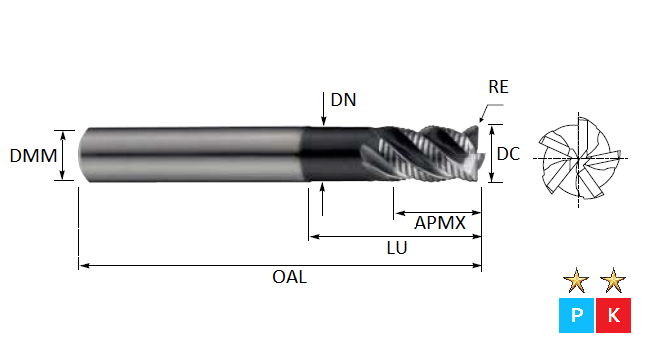 16.0mm 4 Flute (1.0mm Radius) Extended Neck Roughing Pulsar DMX Carbide End Mill (Flatted Shank)